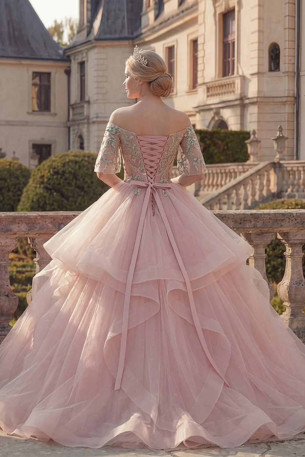 Suknia balowa w odcieniu blush z falbanami z falbanami na Quinceanera - Image 2