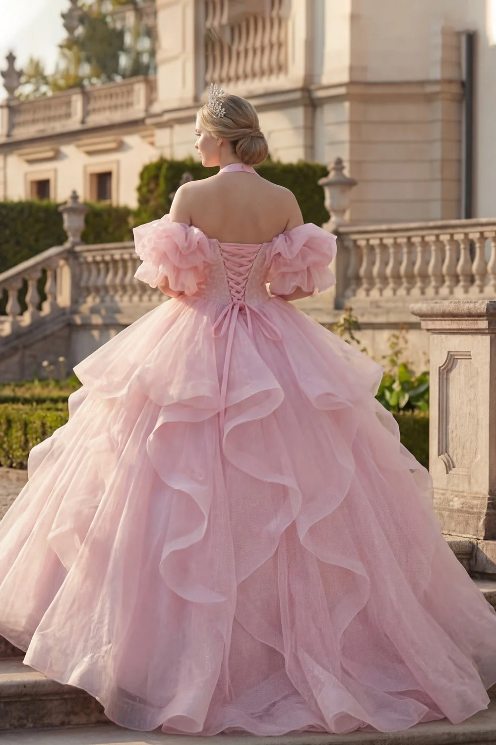 Suknia balowa z dekoltem na ramię i różem z falbanami i sukienką Quinceanera z puszystymi rękawami - Image 2