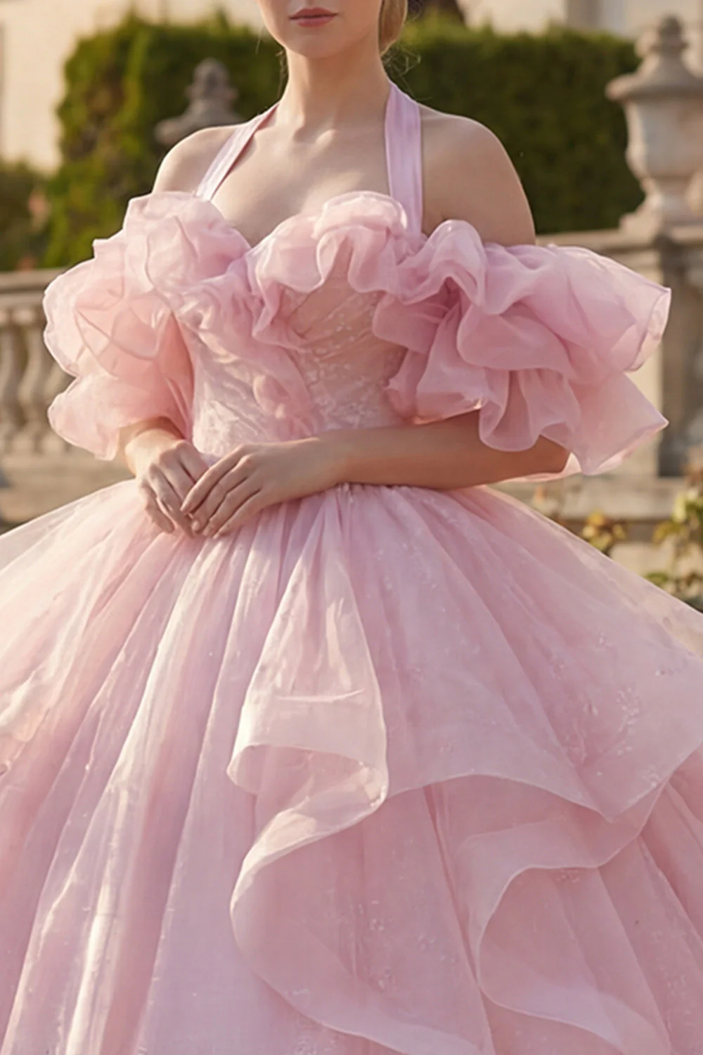 Suknia balowa z dekoltem na ramię i różem z falbanami i sukienką Quinceanera z puszystymi rękawami - Image 3
