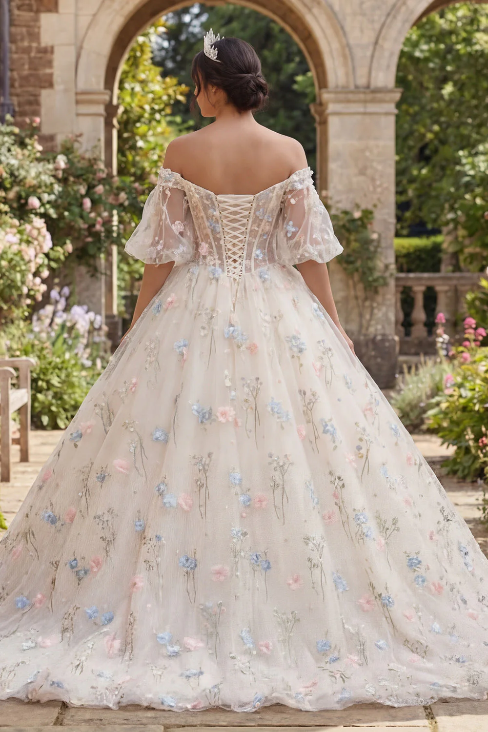 Suknia balowa z kwiatami w kształcie szampana z gorsetem Quinceanera - Image 2