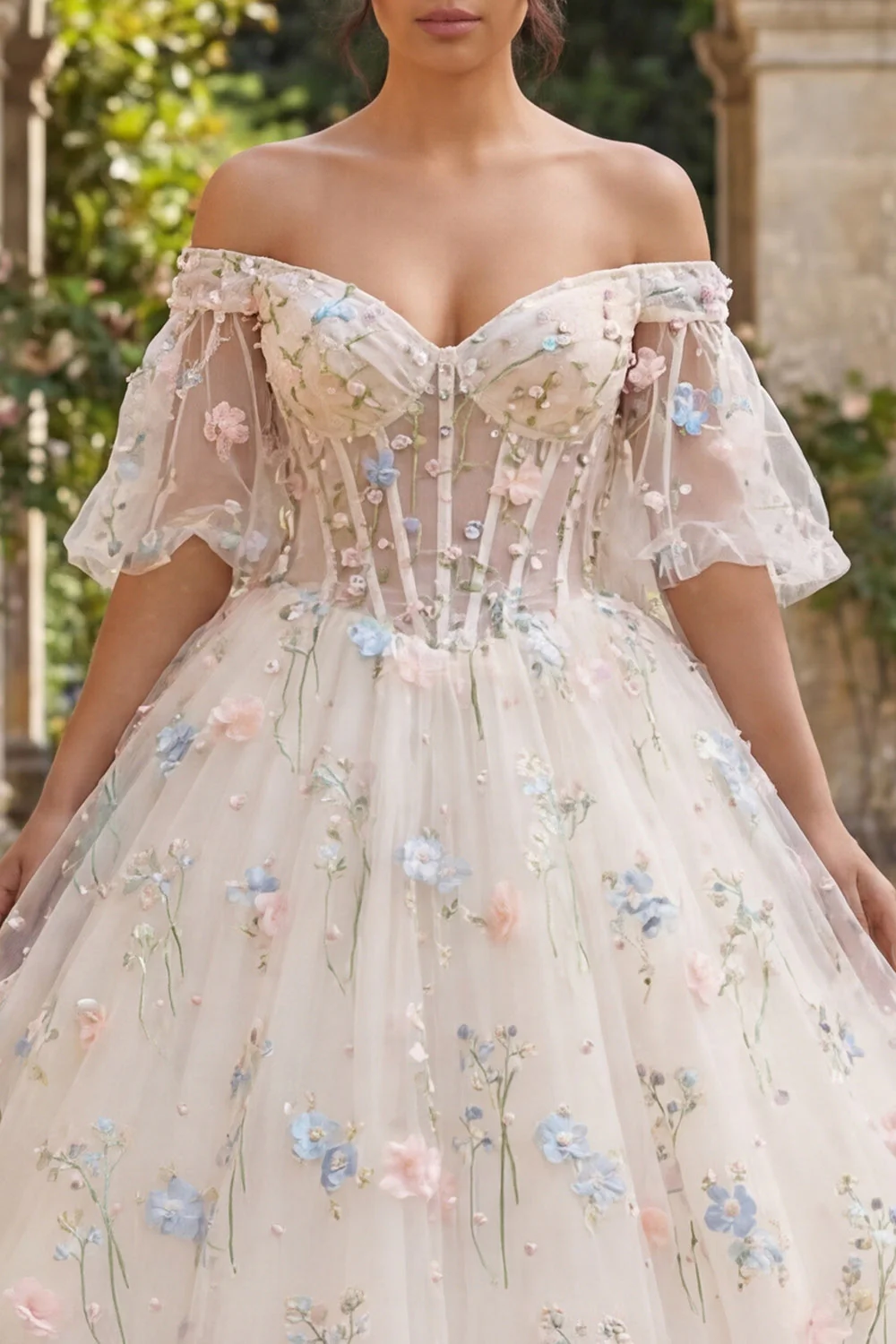 Suknia balowa z kwiatami w kształcie szampana z gorsetem Quinceanera - Image 3