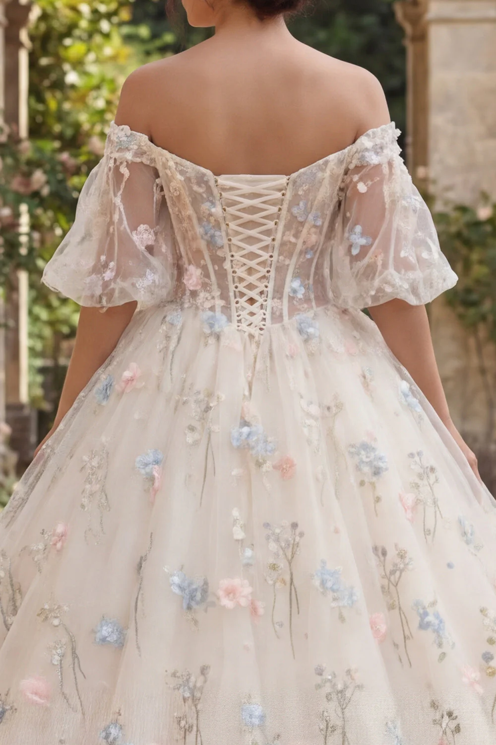 Suknia balowa z kwiatami w kształcie szampana z gorsetem Quinceanera - Image 4