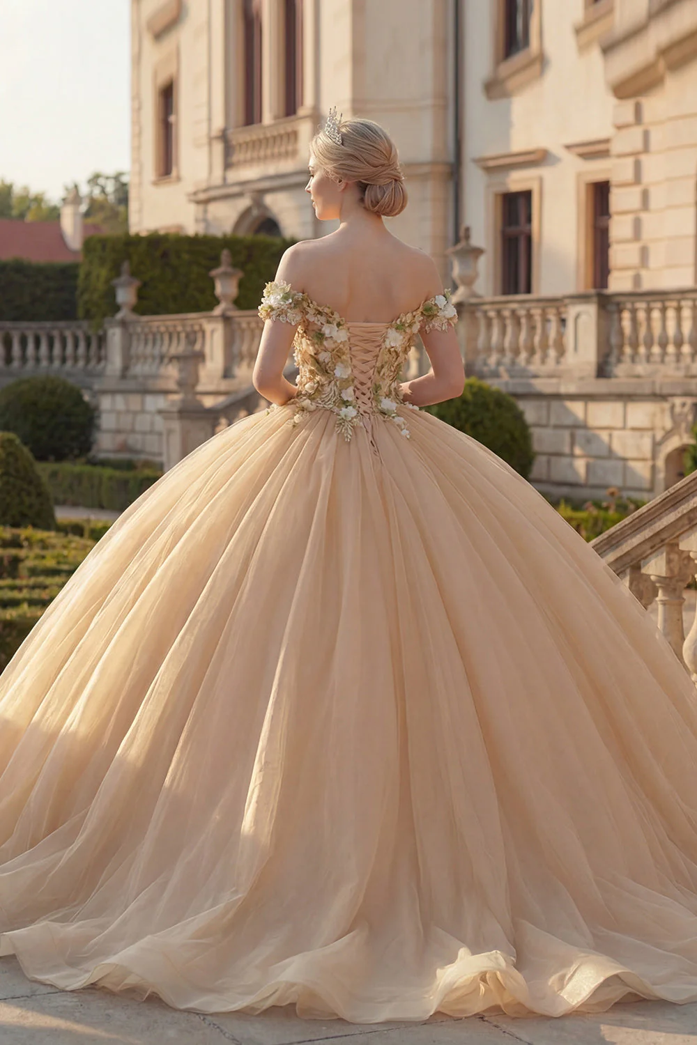 Suknia balowa z odkrytymi ramionami, aplikacjami szampańskimi, kwiatowa sukienka Quinceanera - Image 2