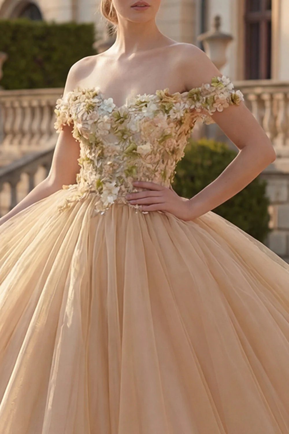 Suknia balowa z odkrytymi ramionami, aplikacjami szampańskimi, kwiatowa sukienka Quinceanera - Image 3