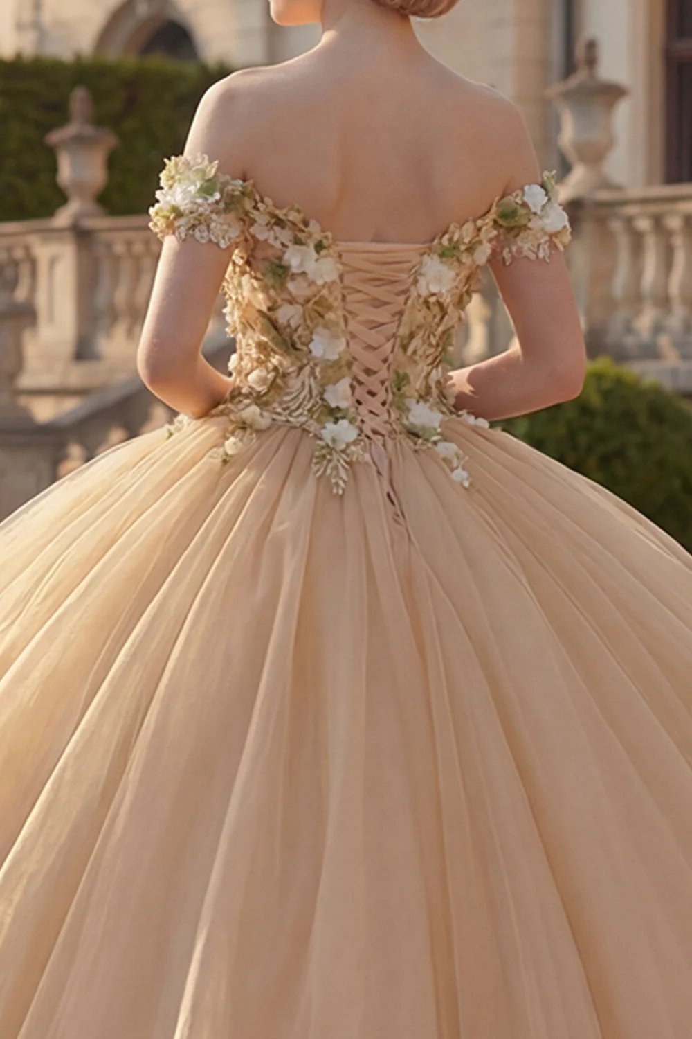 Suknia balowa z odkrytymi ramionami, aplikacjami szampańskimi, kwiatowa sukienka Quinceanera - Image 4