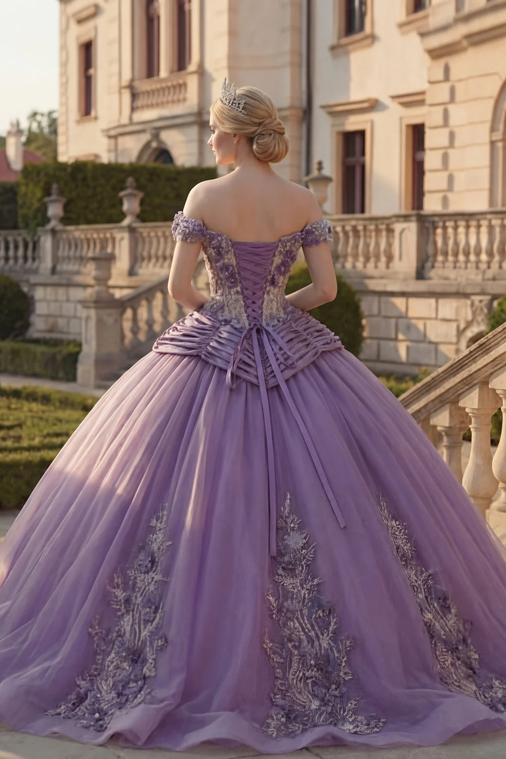 Suknia balowa z odkrytymi ramionami, fioletowa aplikacjowana suknia z Quinceañera - Image 2