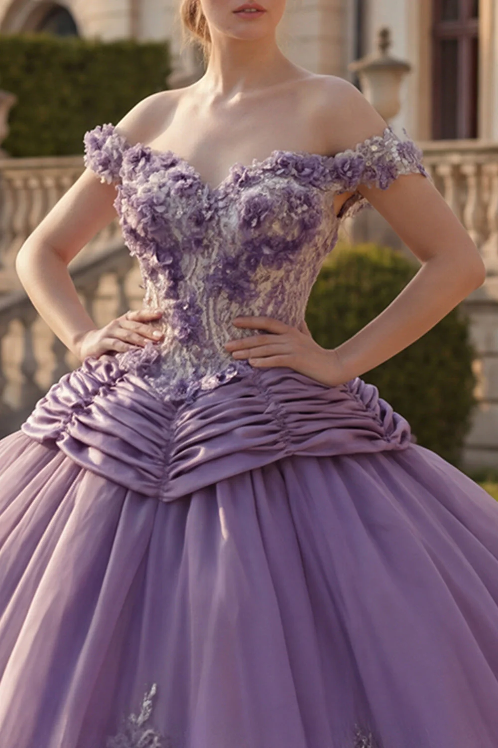 Suknia balowa z odkrytymi ramionami, fioletowa aplikacjowana suknia z Quinceañera - Image 3