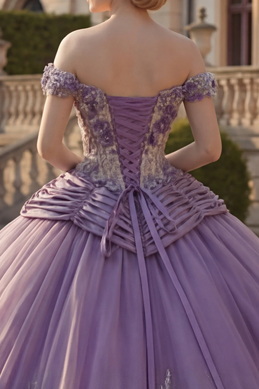 Suknia balowa z odkrytymi ramionami, fioletowa aplikacjowana suknia z Quinceañera - Image 4