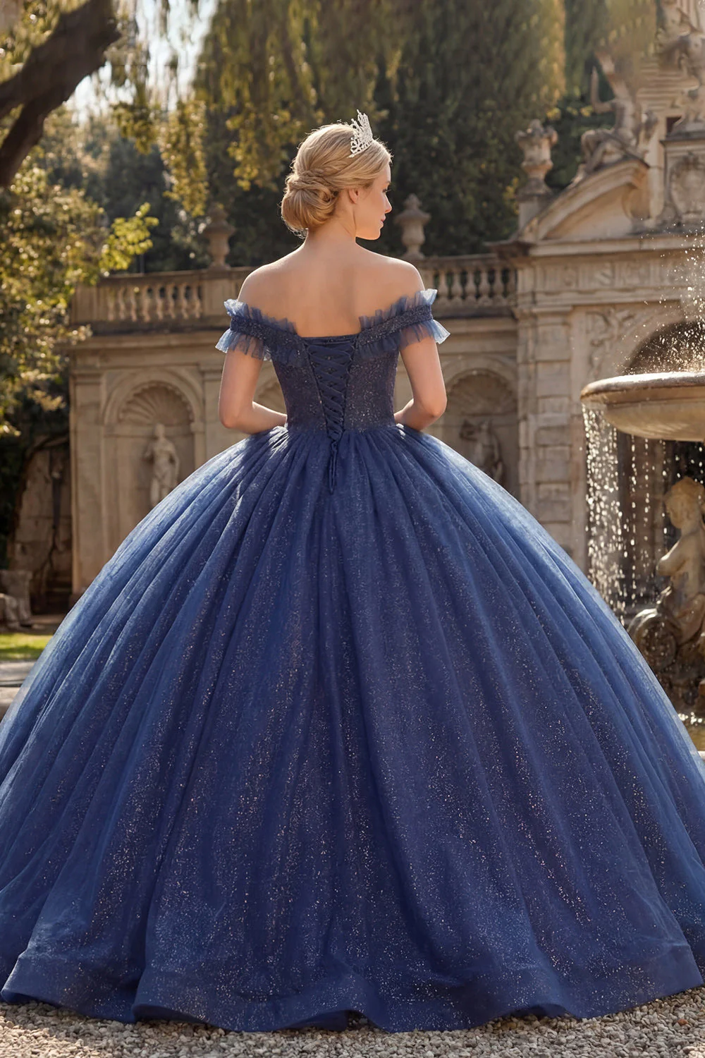 Suknia balowa z odkrytymi ramionami, granatowa sukienka z brokatem i księżniczką Quinceanera - Image 2