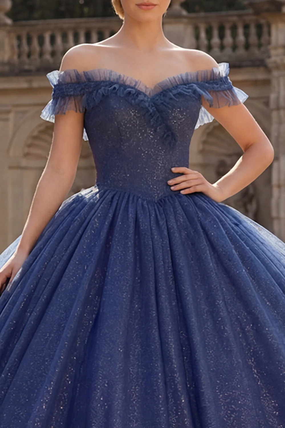 Suknia balowa z odkrytymi ramionami, granatowa sukienka z brokatem i księżniczką Quinceanera - Image 3