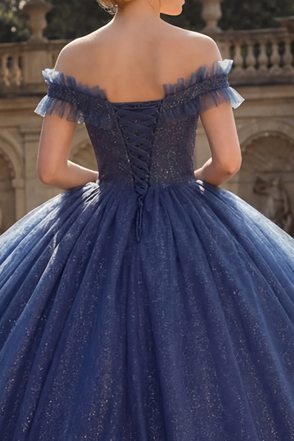 Suknia balowa z odkrytymi ramionami, granatowa sukienka z brokatem i księżniczką Quinceanera - Image 4