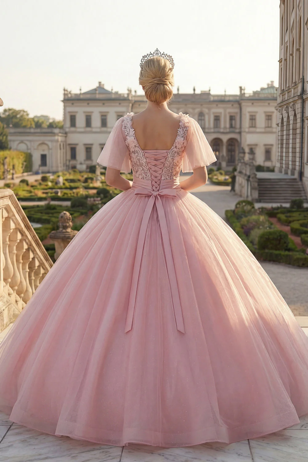 Suknia balowa z okrągłym dekoltem, różowa aplikacjowana sukienka Quinceanera z powiewającymi rękawami - Image 2