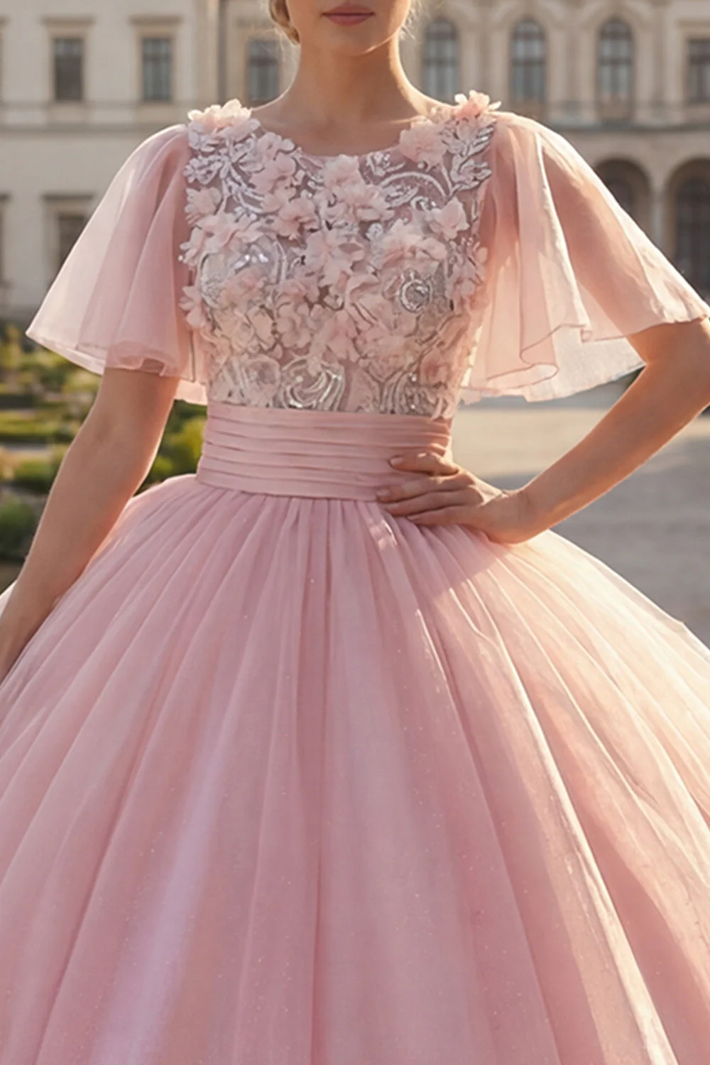 Suknia balowa z okrągłym dekoltem, różowa aplikacjowana sukienka Quinceanera z powiewającymi rękawami - Image 3