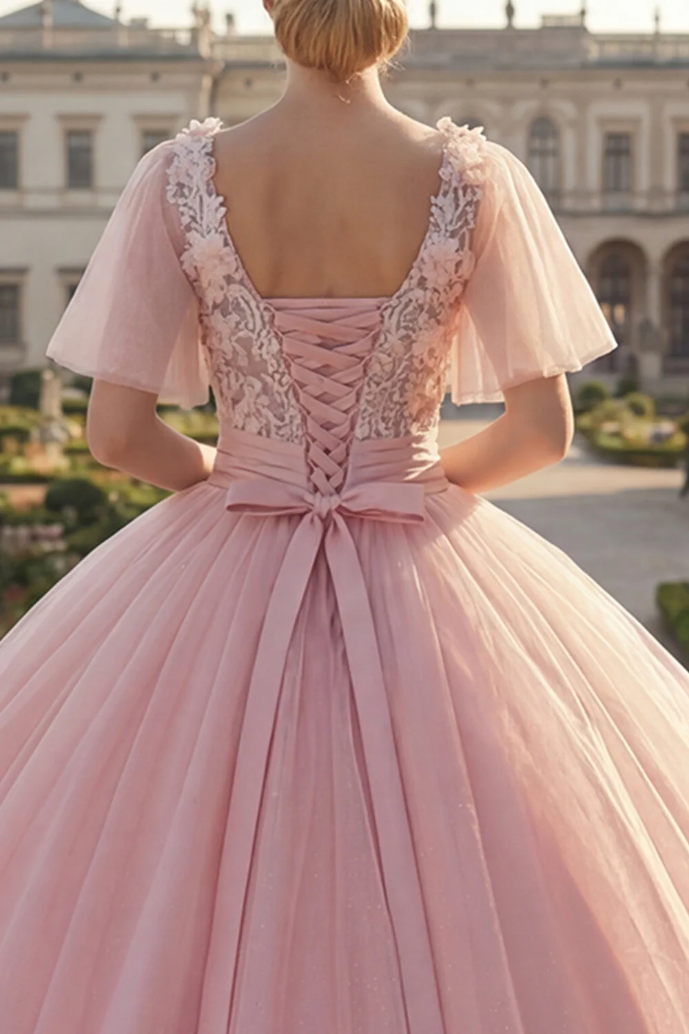 Suknia balowa z okrągłym dekoltem, różowa aplikacjowana sukienka Quinceanera z powiewającymi rękawami - Image 4