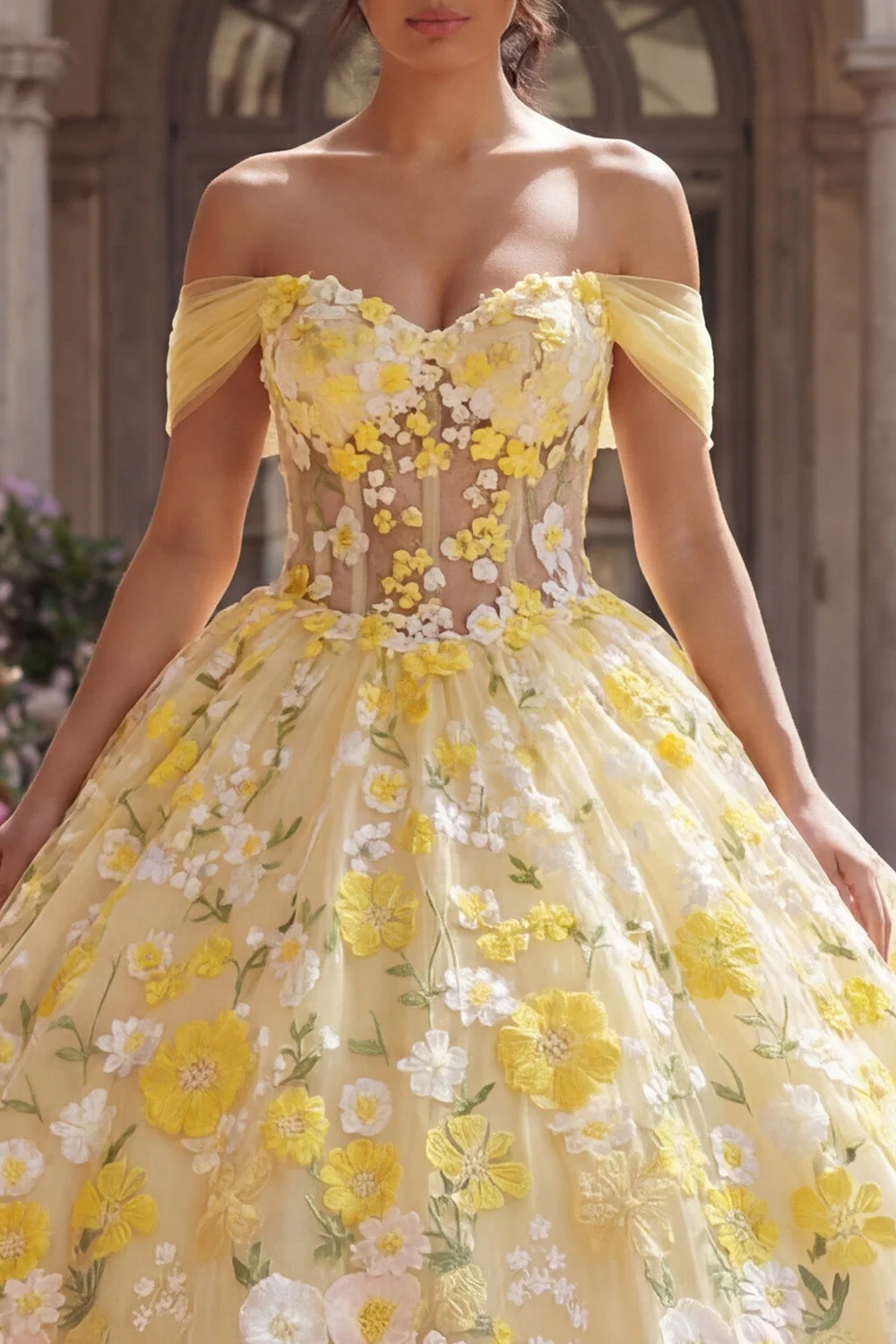 Suknia balowa żółta z odkryciem ramion, korset z aplikacjami z Quinceanera - Image 3