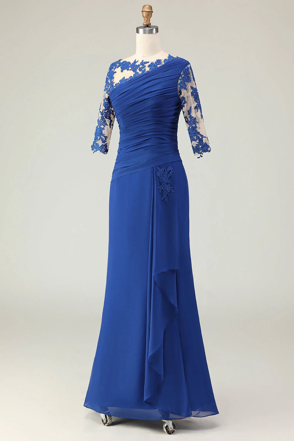 Suknia chóralna z marszczami w kształcie Royal Blue Mermaid z aplikacjami i półrękawami - Image 4