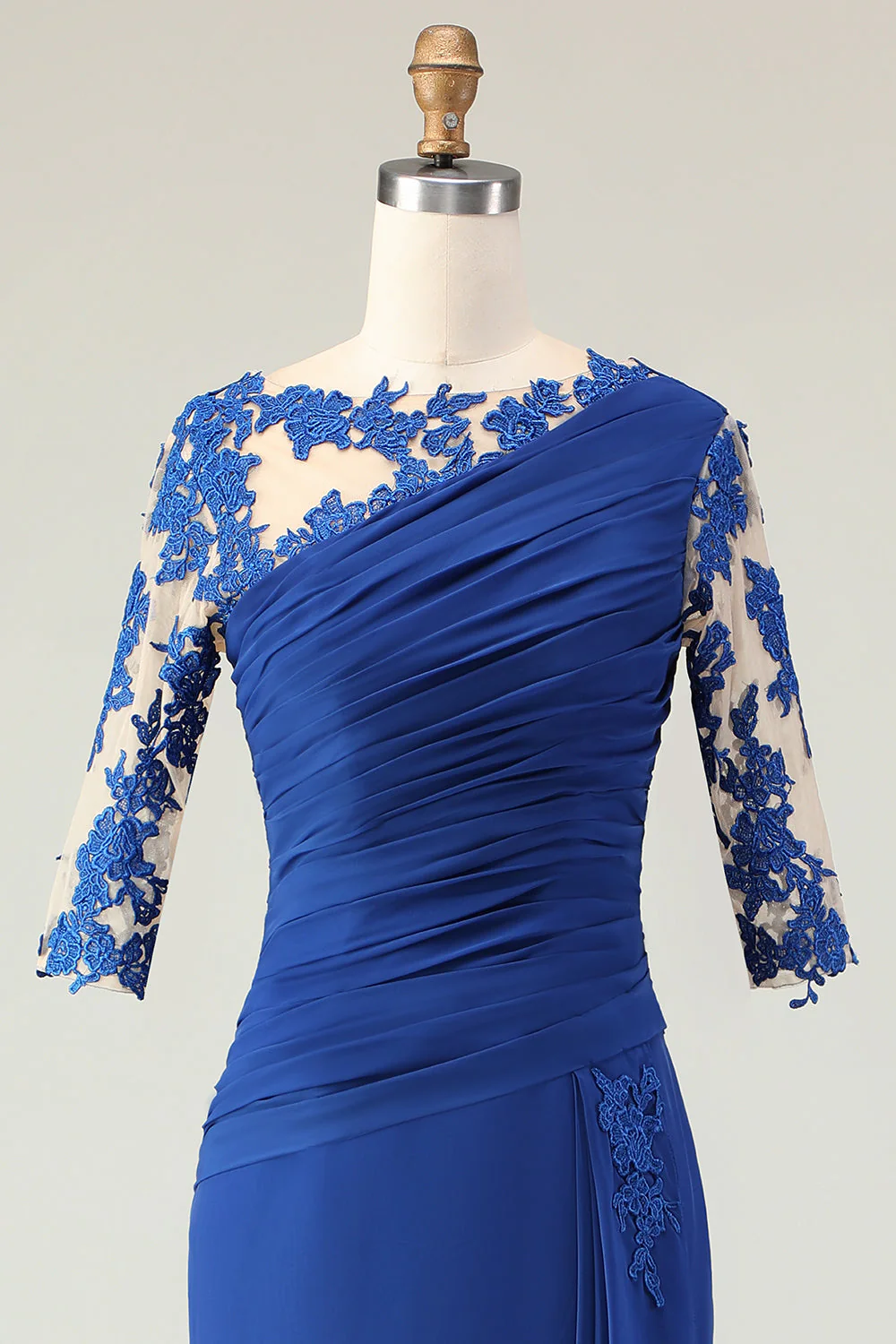 Suknia chóralna z marszczami w kształcie Royal Blue Mermaid z aplikacjami i półrękawami - Image 5