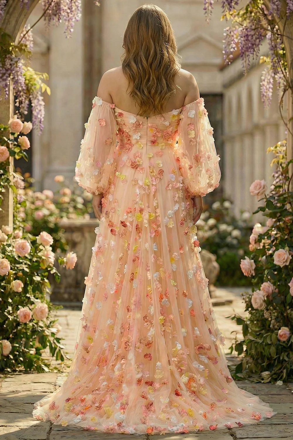 Suknia na bal balowy bez ramiączek A Line 3D Flowers plus size z długimi rękawami - Image 2