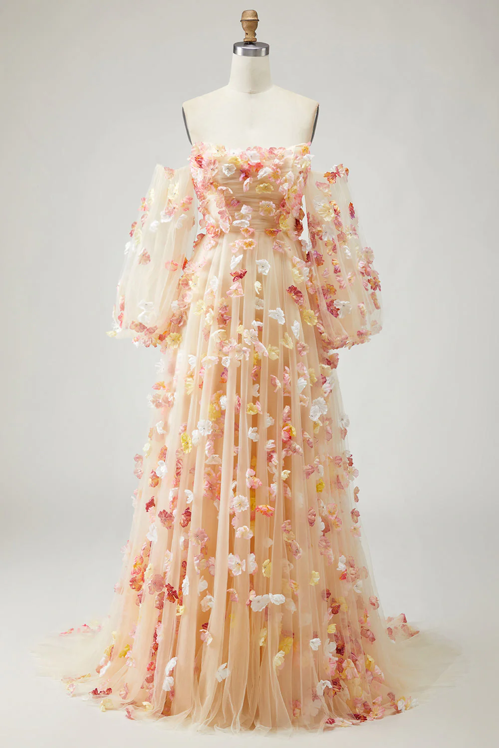 Suknia na bal balowy bez ramiączek A Line 3D Flowers plus size z długimi rękawami - Image 4