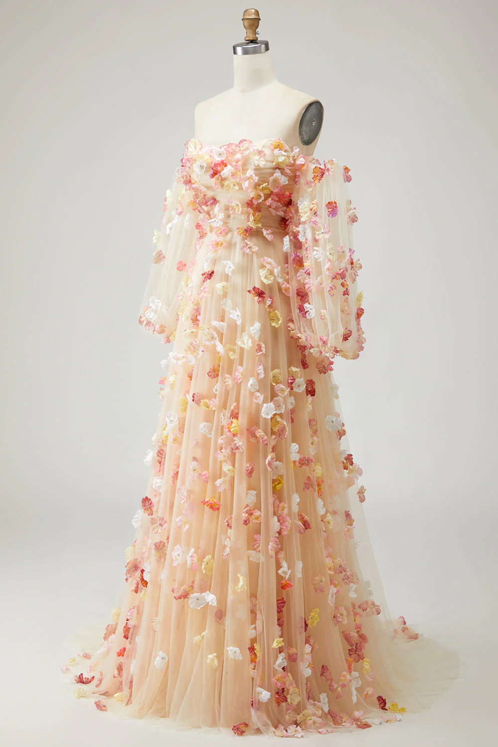 Suknia na bal balowy bez ramiączek A Line 3D Flowers plus size z długimi rękawami - Image 6