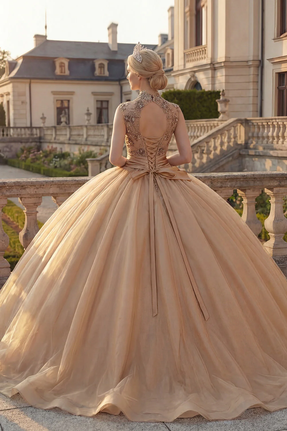 Suknia z balem szampańskim, suknia z wysokim kołnierzem, marszczanym suknią księżniczki Quinceanera - Image 2