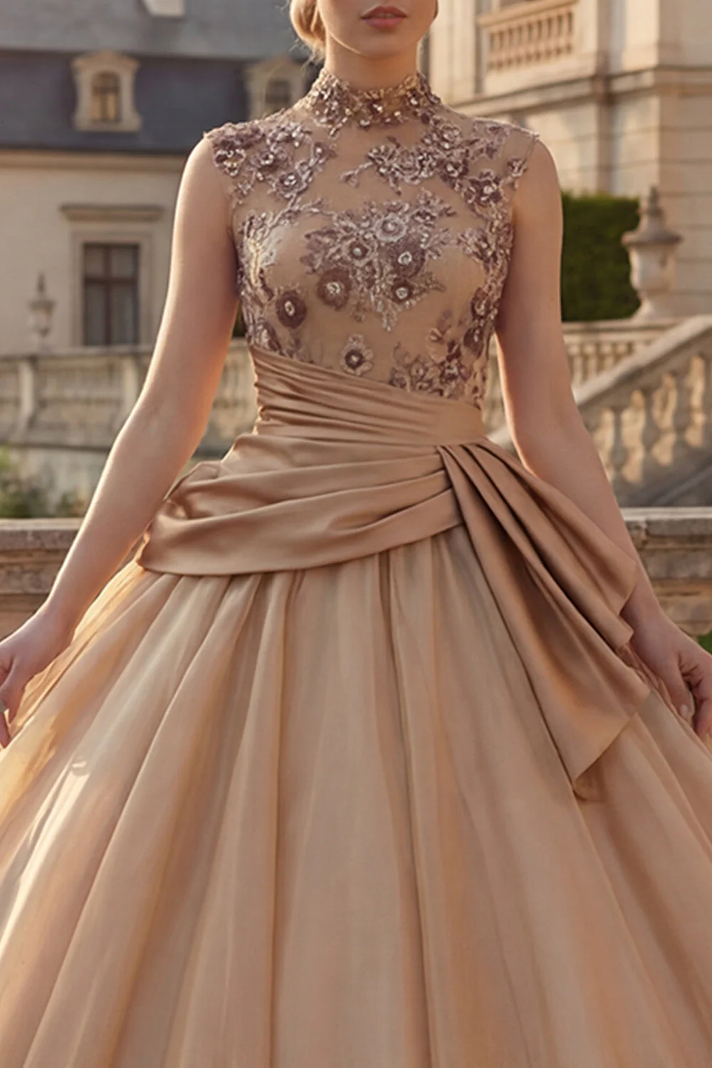 Suknia z balem szampańskim, suknia z wysokim kołnierzem, marszczanym suknią księżniczki Quinceanera - Image 3