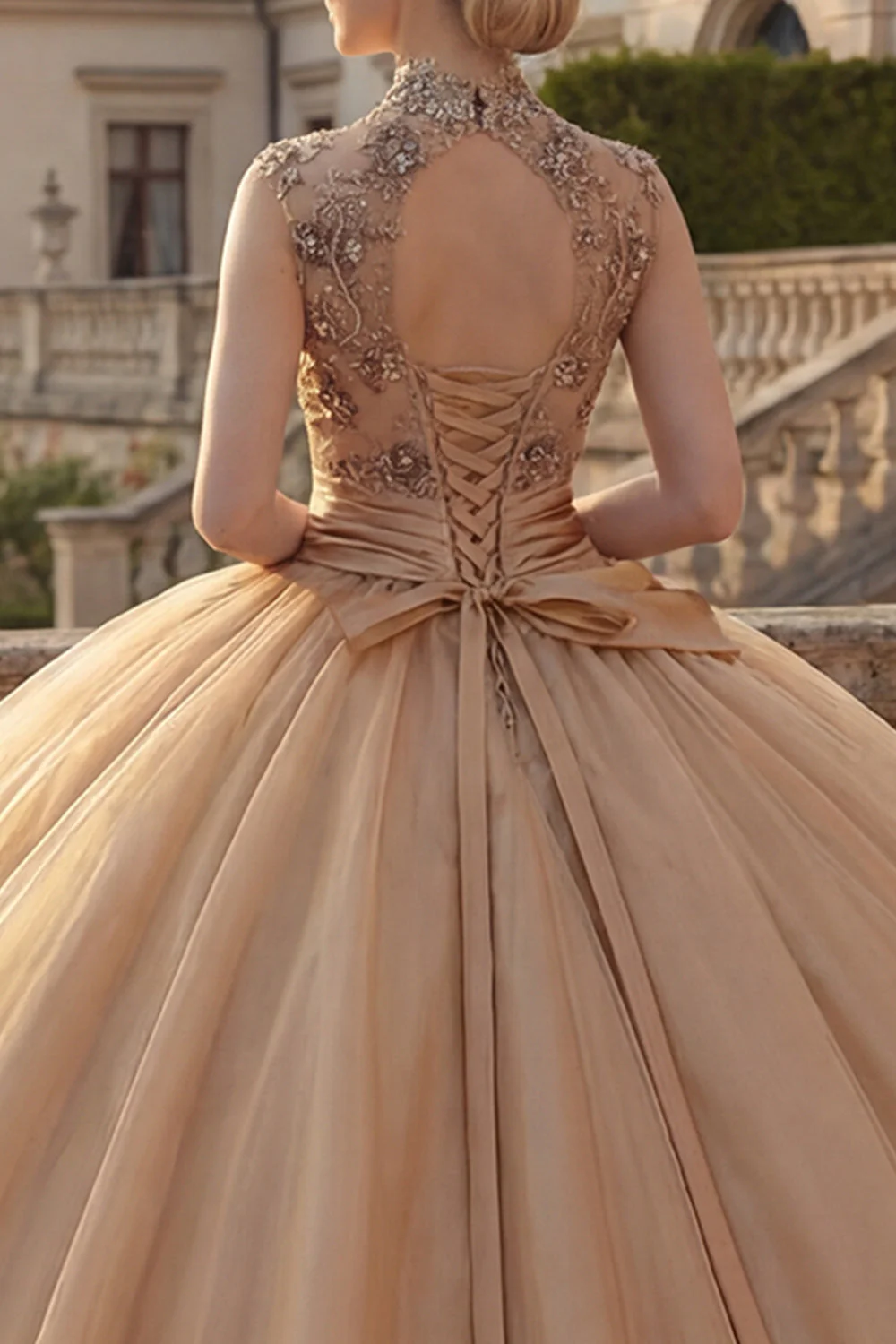Suknia z balem szampańskim, suknia z wysokim kołnierzem, marszczanym suknią księżniczki Quinceanera - Image 4