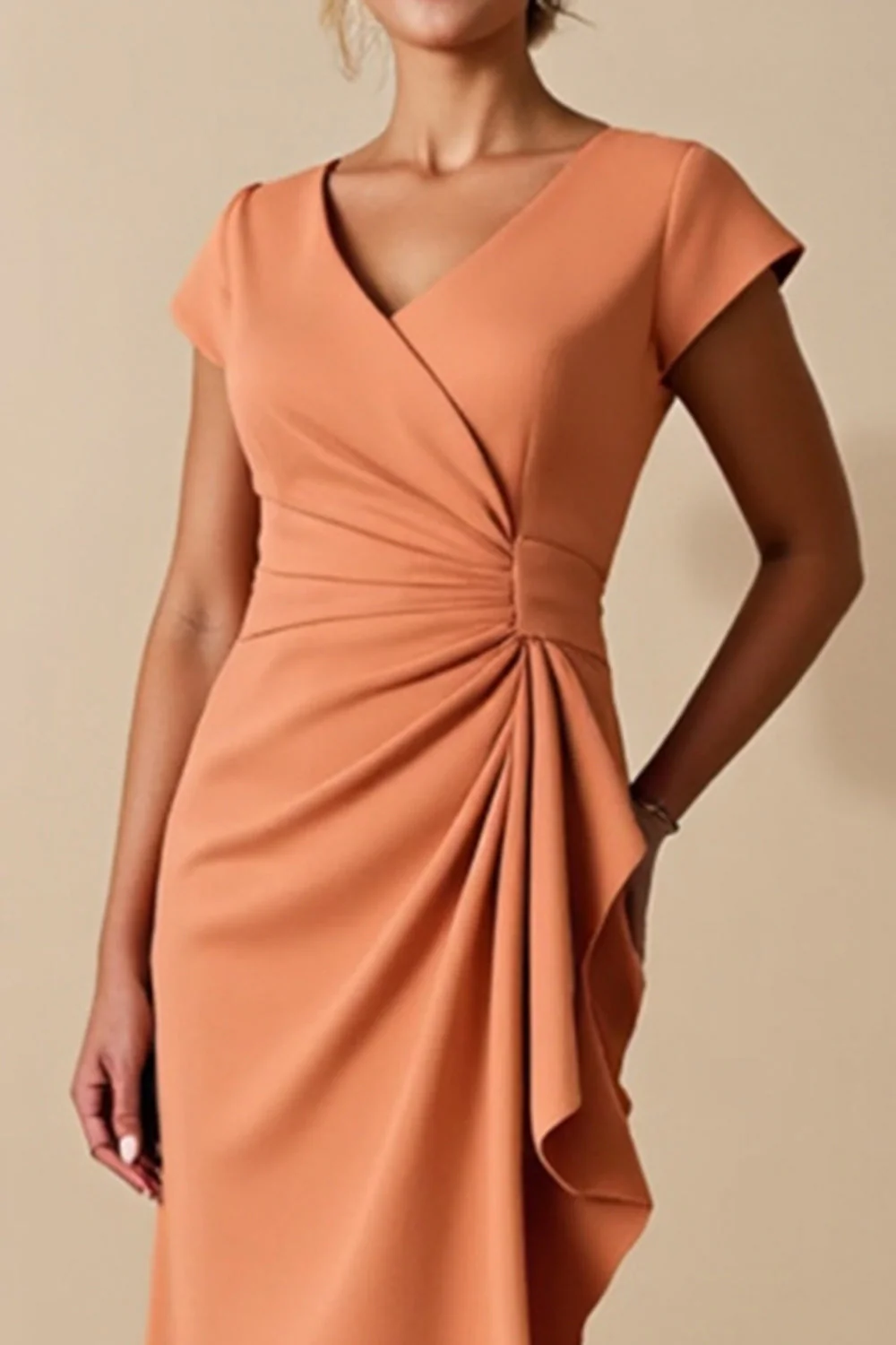 Sunset Scover Ruched V Neck Matka Panny Młodej Sukienka - Image 3