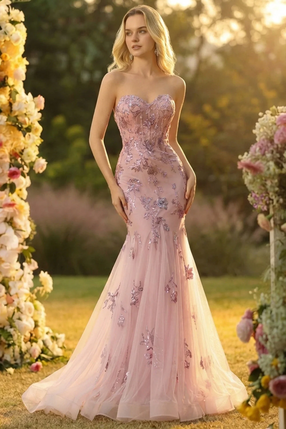 Sweetheart Blush Mermaid Haftowana długa sukienka na studniówkę z szalikiem na dekolt - Image 3