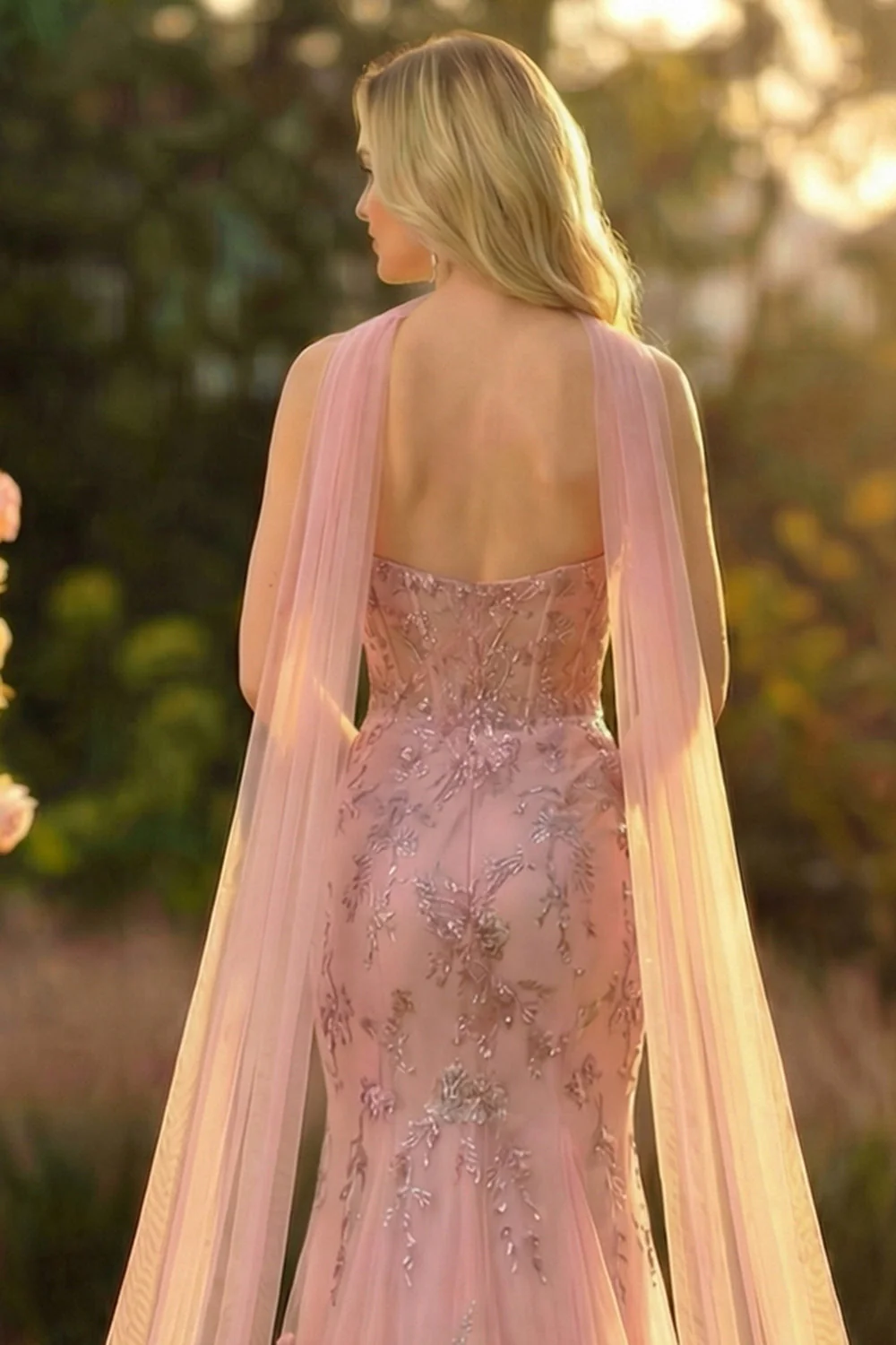 Sweetheart Blush Mermaid Haftowana długa sukienka na studniówkę z szalikiem na dekolt - Image 5