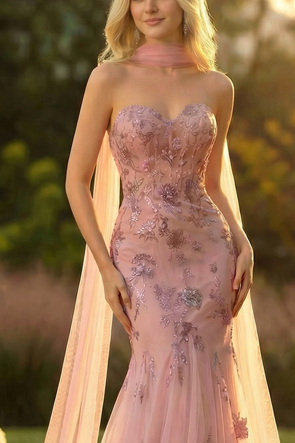 Sweetheart Blush Mermaid Haftowana długa sukienka na studniówkę z szalikiem na dekolt - Image 6