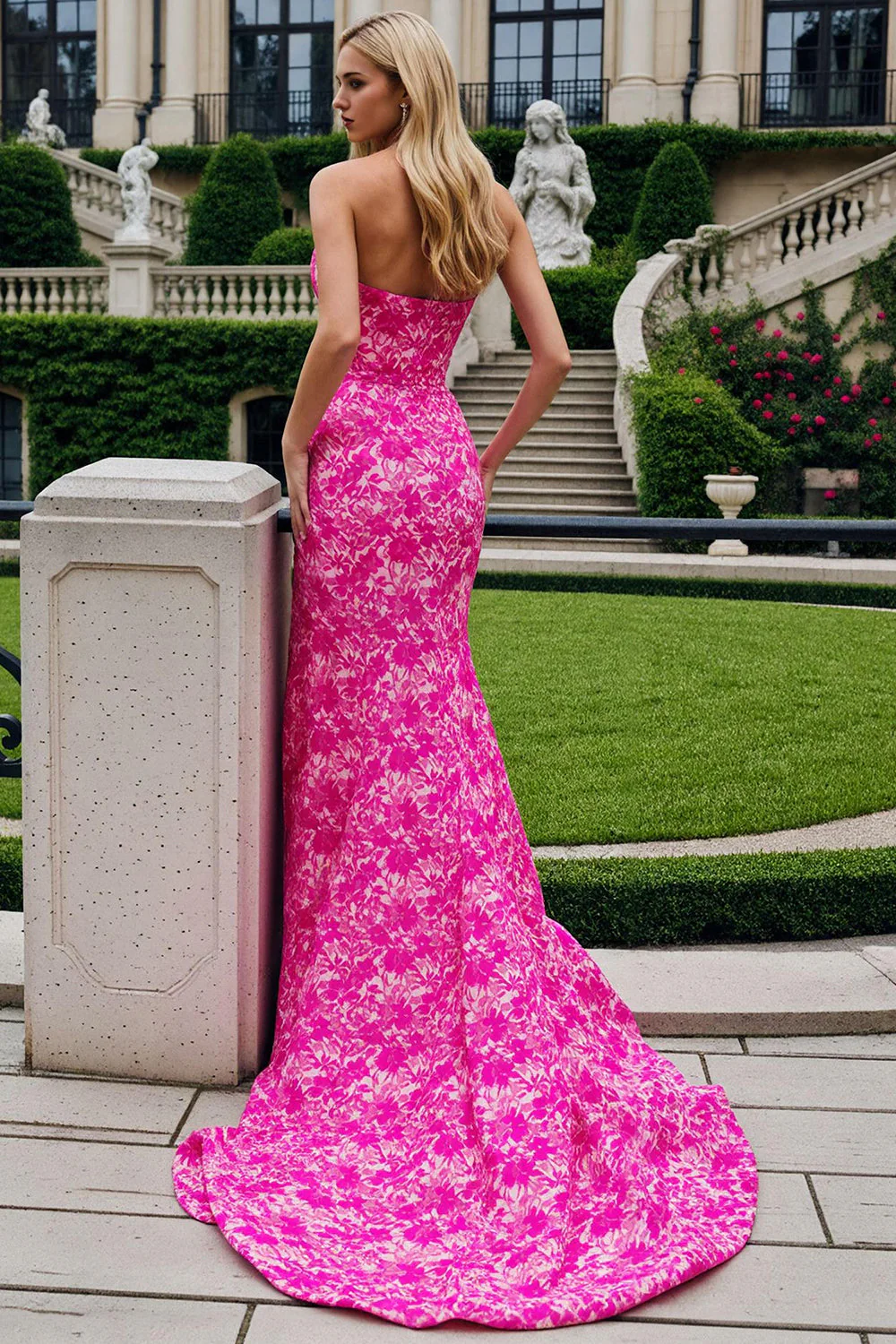 Sweetheart Fuchsia Floral Mermaid Corset – długa sukienka na studniówkę z rozcięciem - Image 2