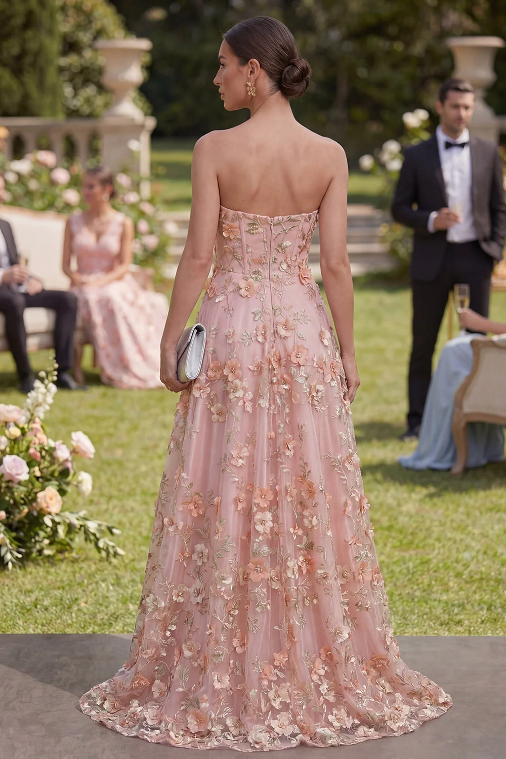 Sweetheart Pink Orange A-line Tiul, aplikowana z koralikami długą, kwiatową sukienka z rozcięciem - Image 2