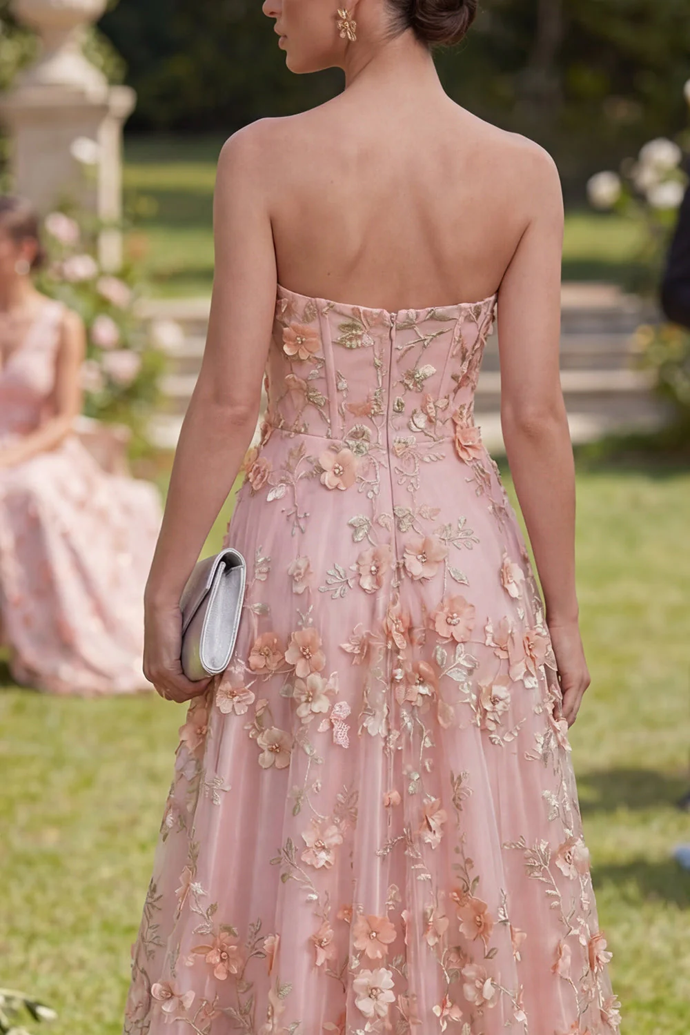 Sweetheart Pink Orange A-line Tiul, aplikowana z koralikami długą, kwiatową sukienka z rozcięciem - Image 4