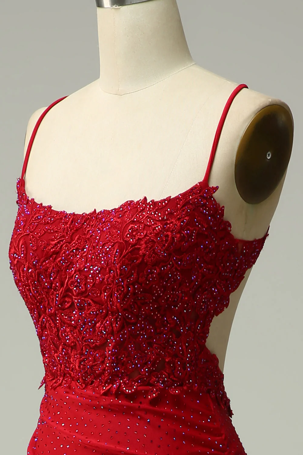Syrena Halter Ciemnoczerwona Sukienka Na Studniówkę Z Aplikacjami - Image 6
