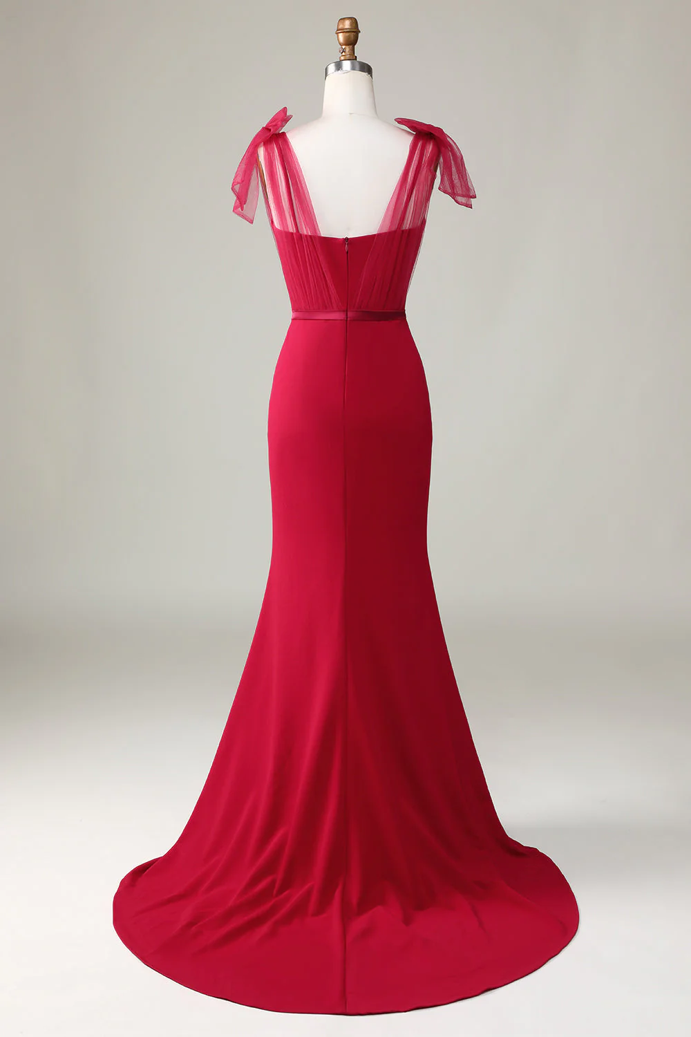 Syrena Satyna Bordowa długa suknia druhny z kokardkami - Image 2