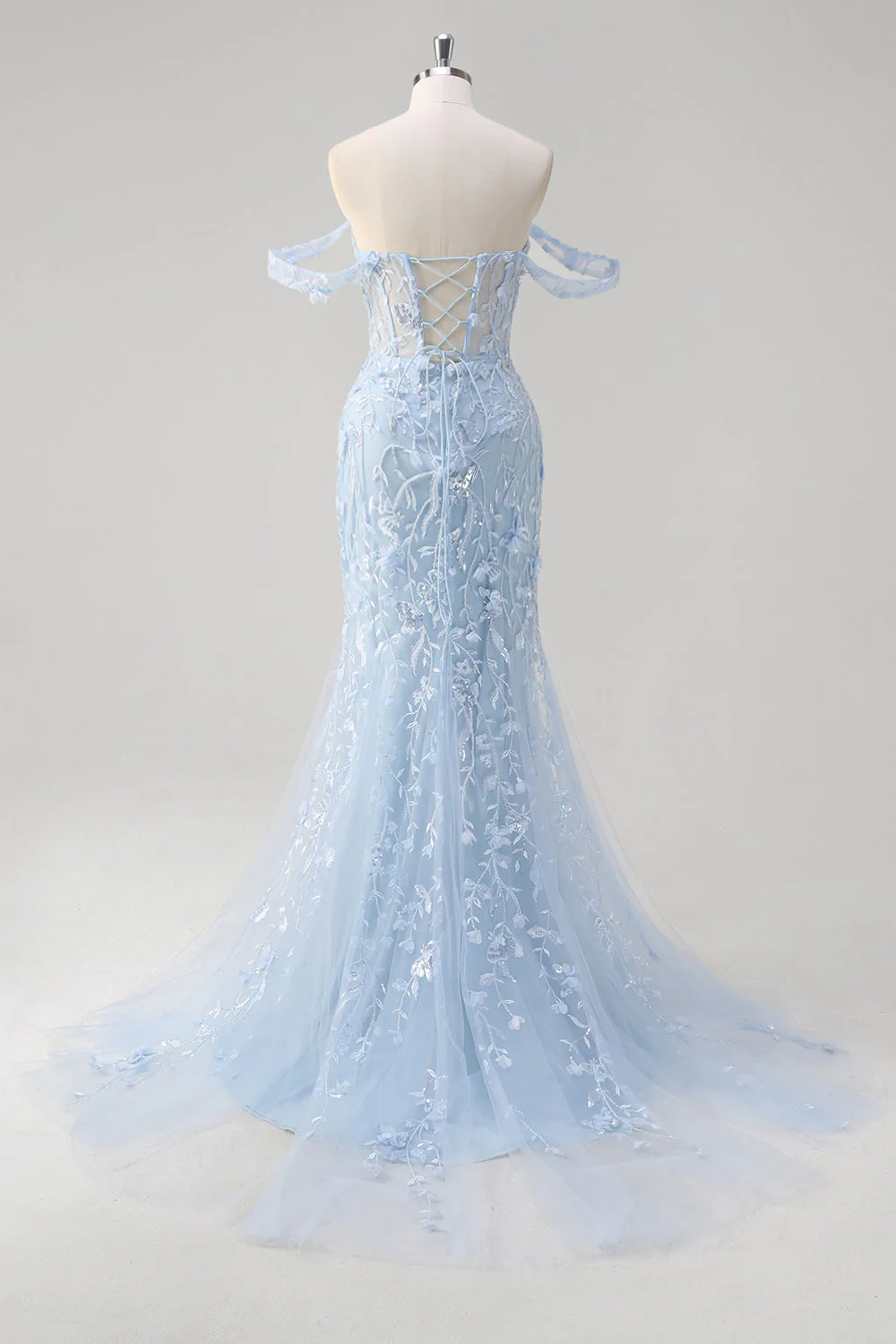 Syrenka Aplikacja Off The Shoulder Gorset Niebieska Sukienka Na Studniówkę - Image 10