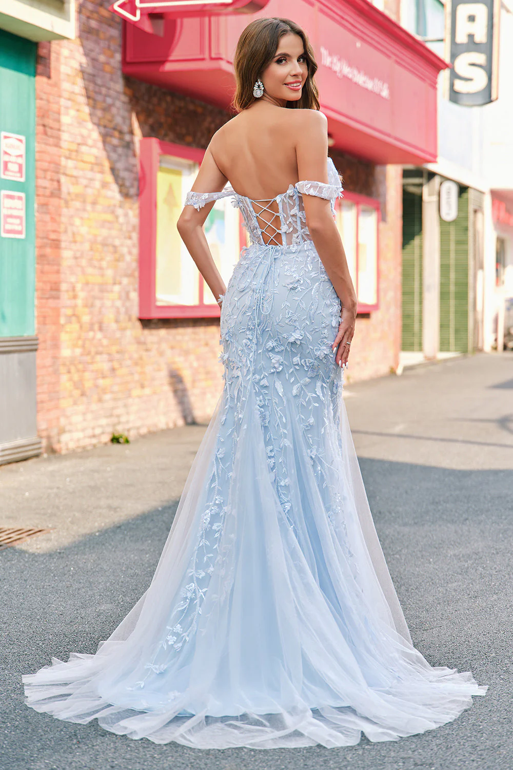 Syrenka Aplikacja Off The Shoulder Gorset Niebieska Sukienka Na Studniówkę - Image 2