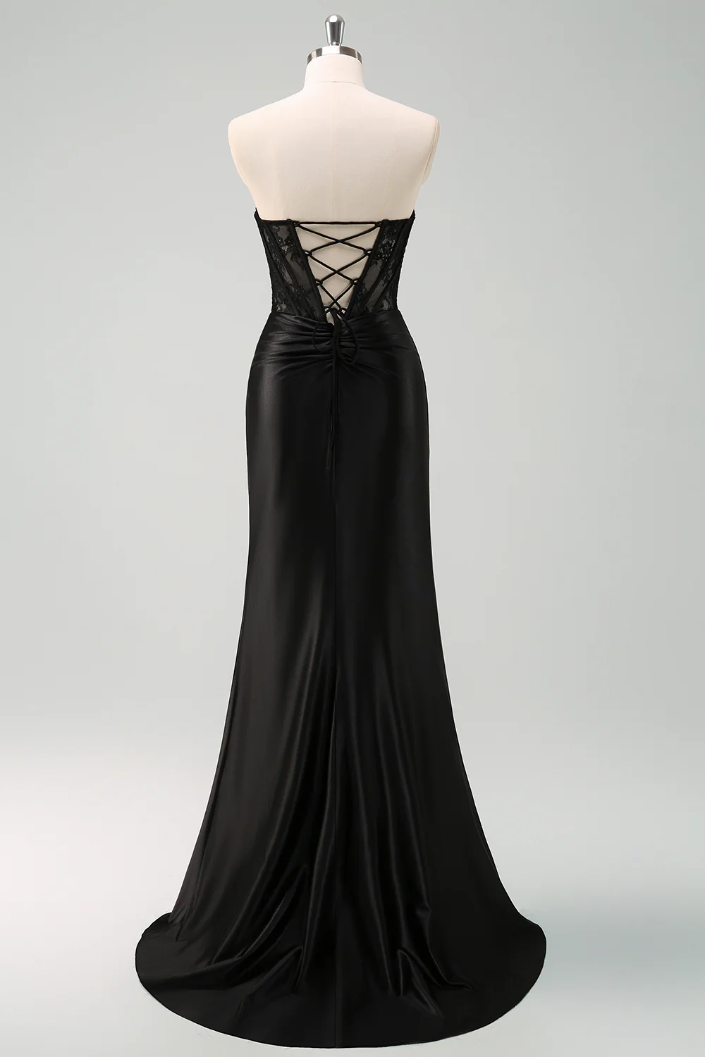Czarny Gorset Satynowa Długa Bez Ramiączek Sukienki Na Studniówke z Rozcięciem - Image 3