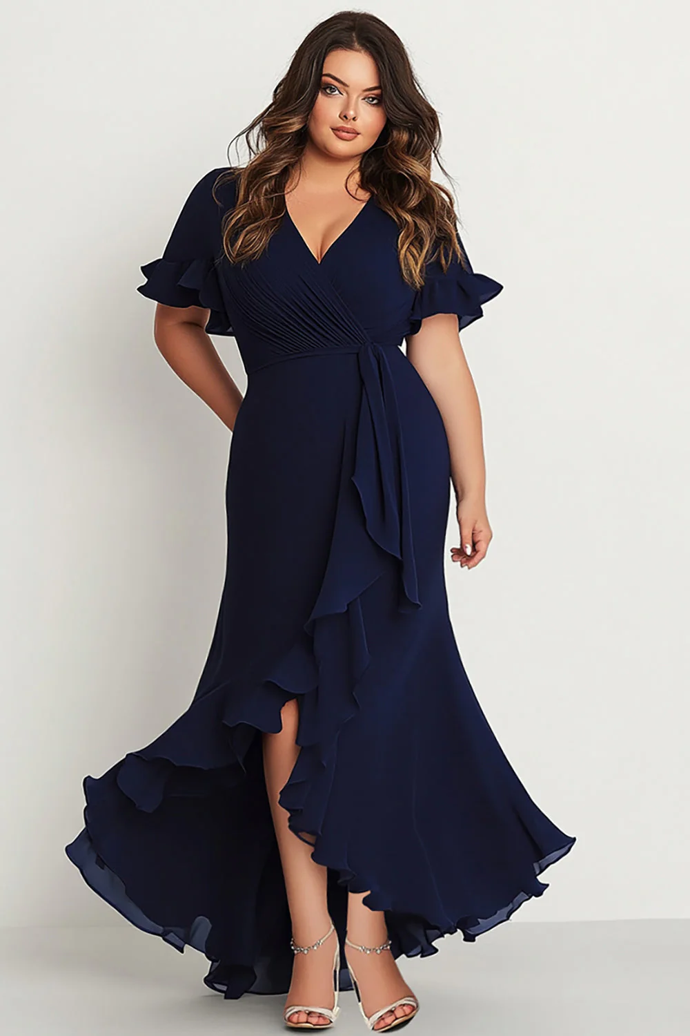 Syrenka Granatowy Plisowany Plus Size Długa Sukienki Na Wesele Z Rozcięciem