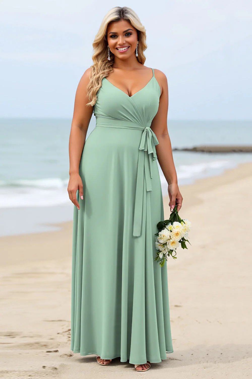 Szałwiowa zieleń Plus Size Szyfonowe ramiączka Spaghetti Długa sukienka dla druhny - Image 2