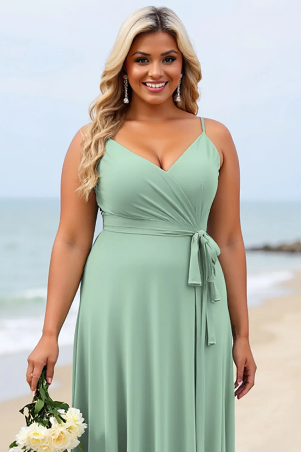 Szałwiowa zieleń Plus Size Szyfonowe ramiączka Spaghetti Długa sukienka dla druhny - Image 3