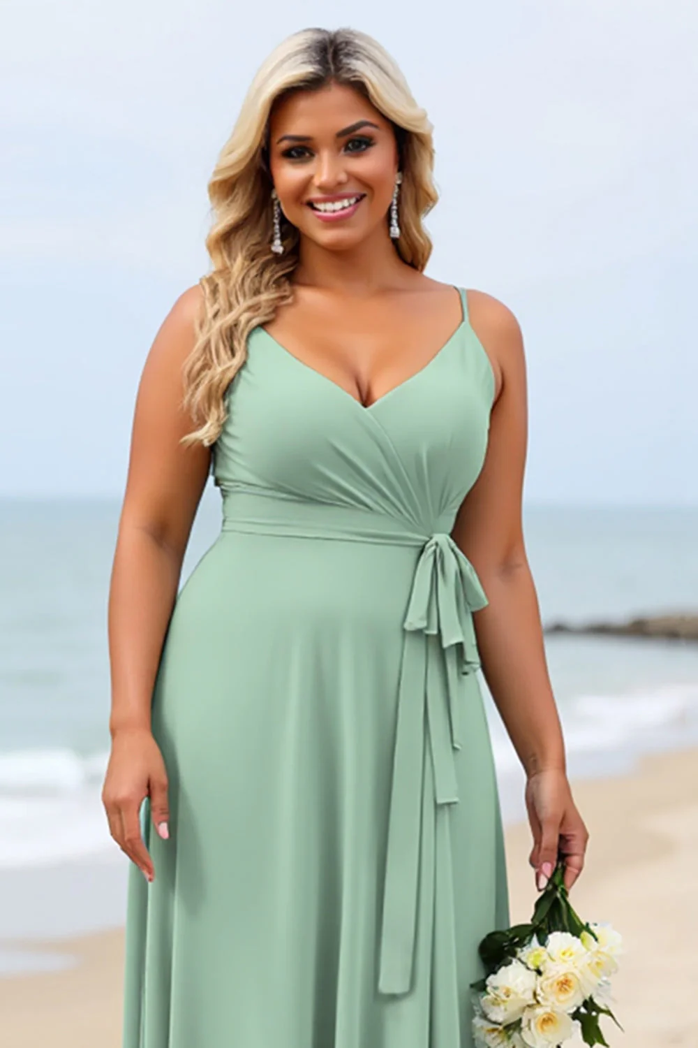 Szałwiowa zieleń Plus Size Szyfonowe ramiączka Spaghetti Długa sukienka dla druhny - Image 4