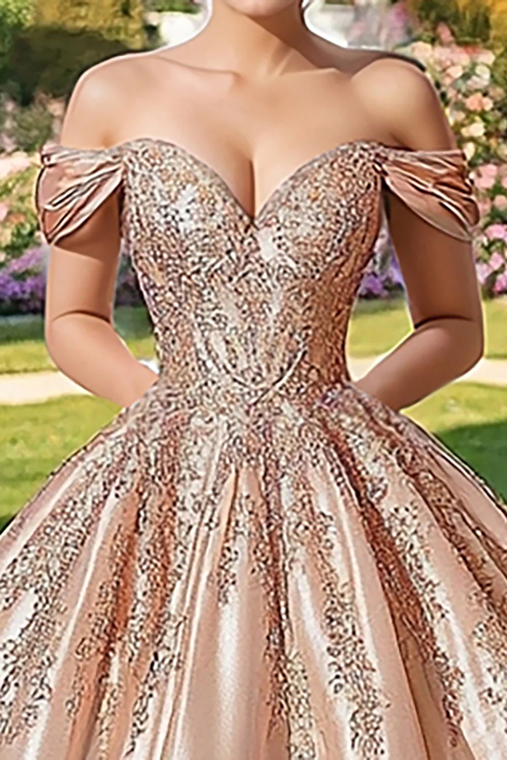 szampan z odkrytymi ramionami satynowa aplikacja suknia balowa długa sukienka quinceanera - Image 2