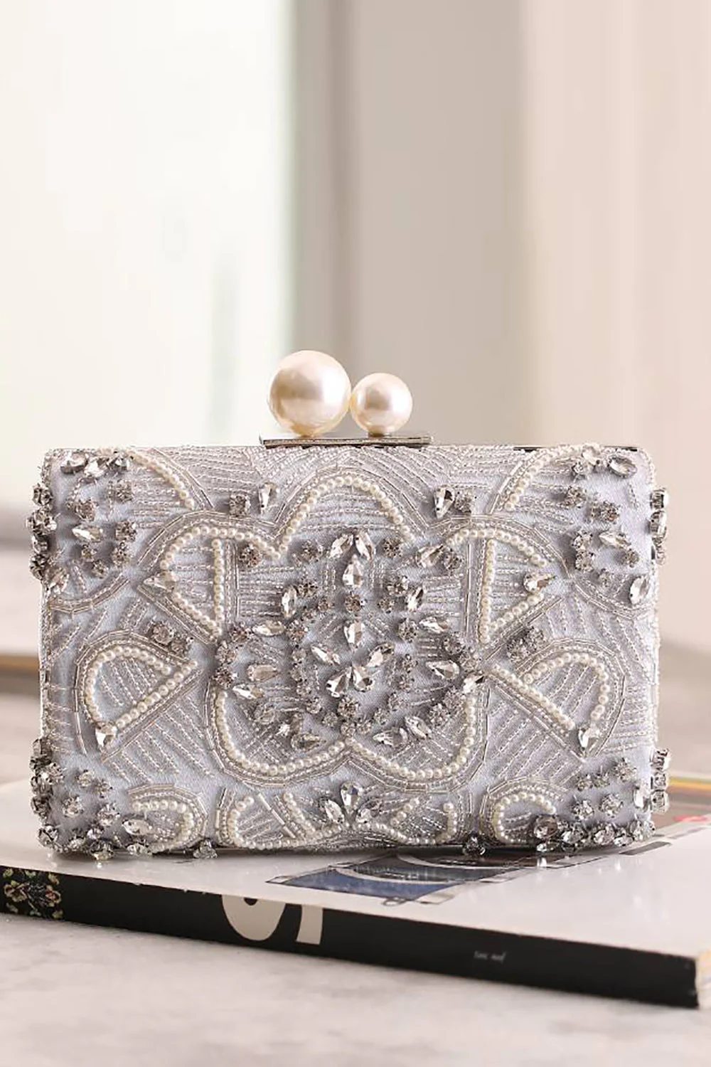Szara brokatowa torba na kopertówkę wieczorową Rhinestone - Image 3