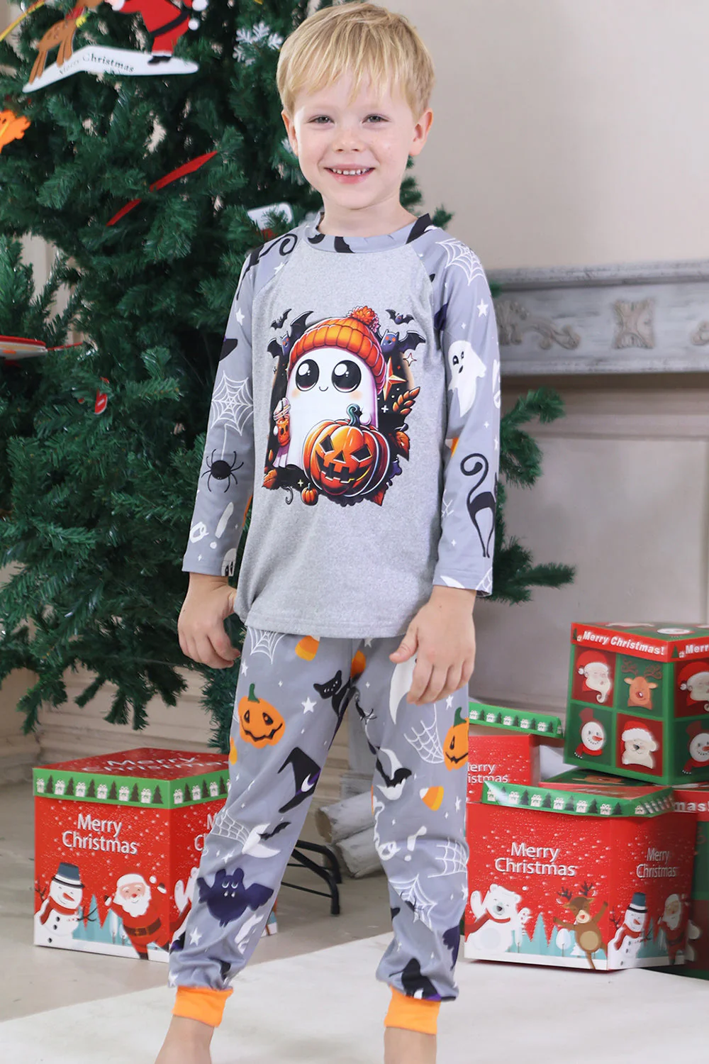 Szara Halloween Rodzinna Świąteczna Piżama z Długim Rękawem - Image 10