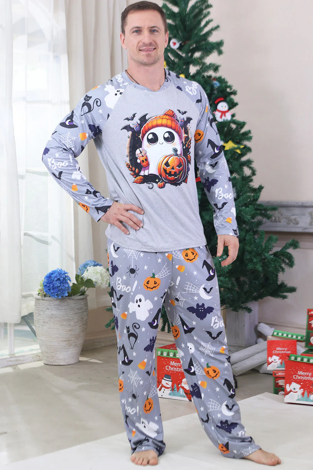 Szara Halloween Rodzinna Świąteczna Piżama z Długim Rękawem - Image 4