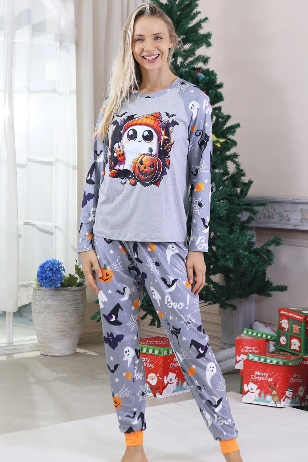 Szara Halloween Rodzinna Świąteczna Piżama z Długim Rękawem - Image 6