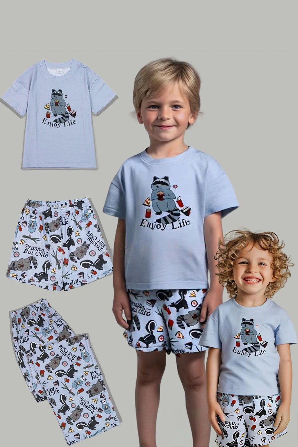 Szara Okrągła Dekolt Drukowana Rodzinna Świąteczna Piżama z Krótki Rękawem - Image 3