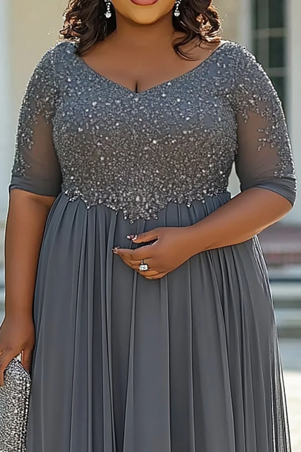 Plus Size Szara Szyfon Kształcie Litery A Długa Sukienka Na Wesele - Image 2